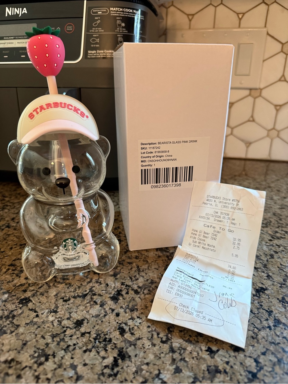 Starbucks Bearista Glass Pink and White Drink New in Box
